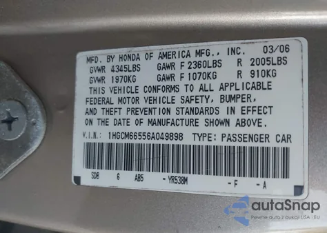 2006 Honda Accord 3.0 Ex from USA, damaged, VIN 1HGCM66556A049898